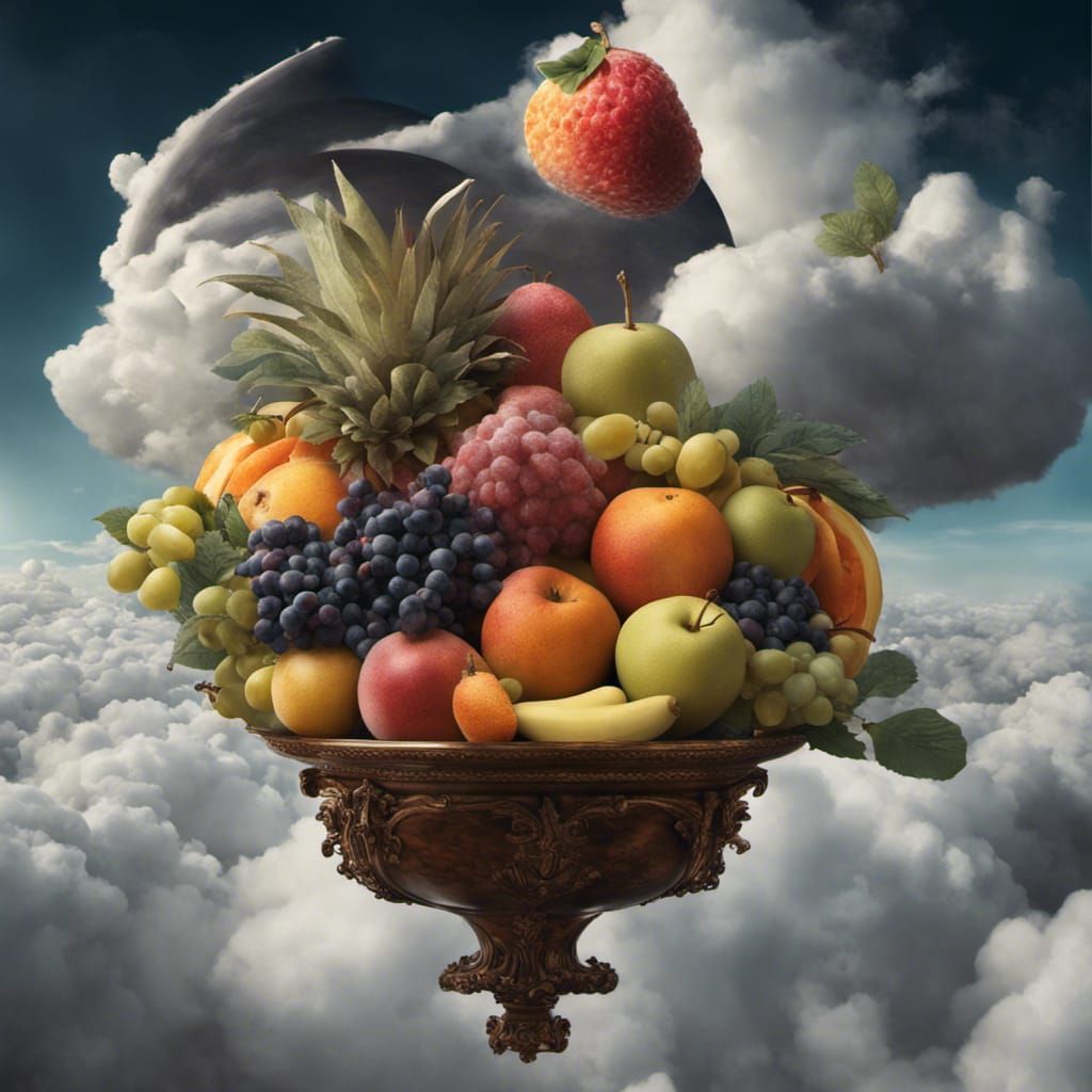 a surreal composition that blurs the boundaries between dreams and reality, featuring a fruit bowl floating amidst fluff...