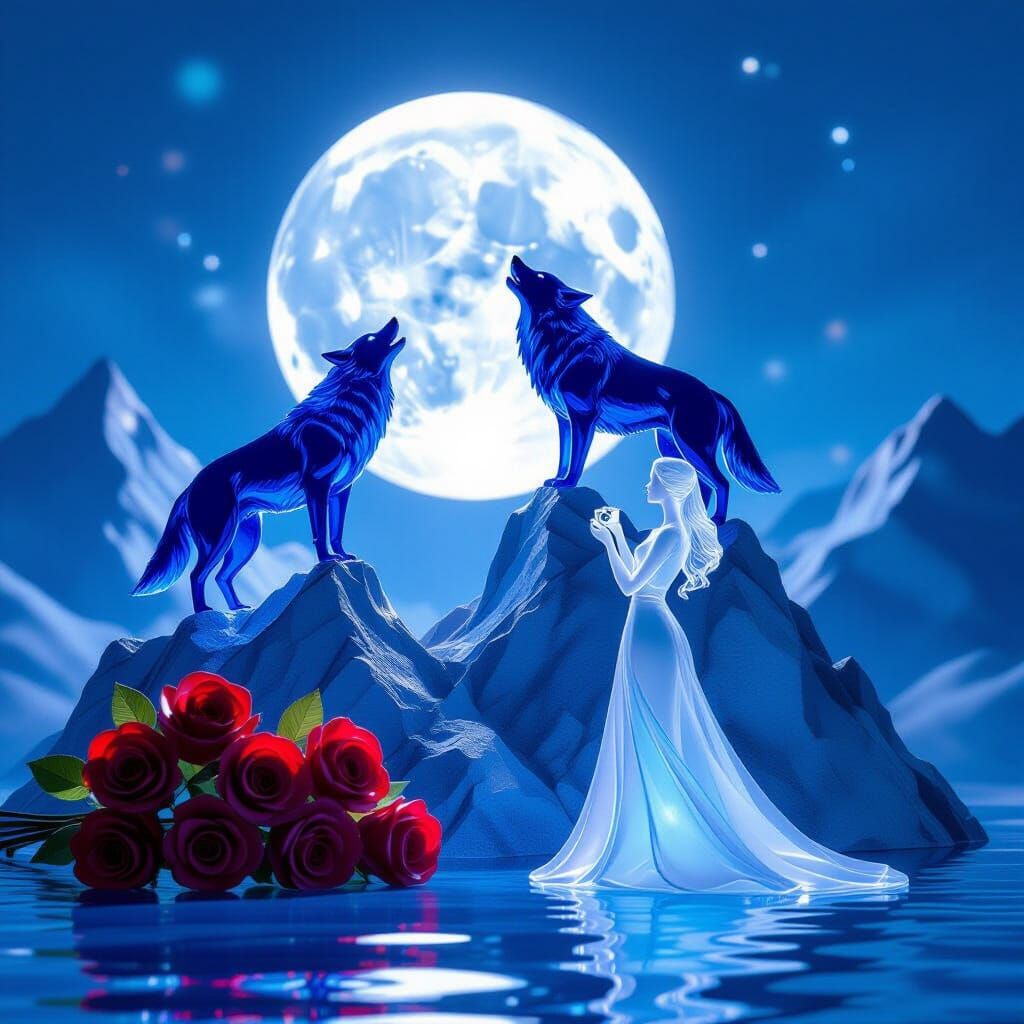 Glass Wolf Howling at Moon Beside Woman with Camera