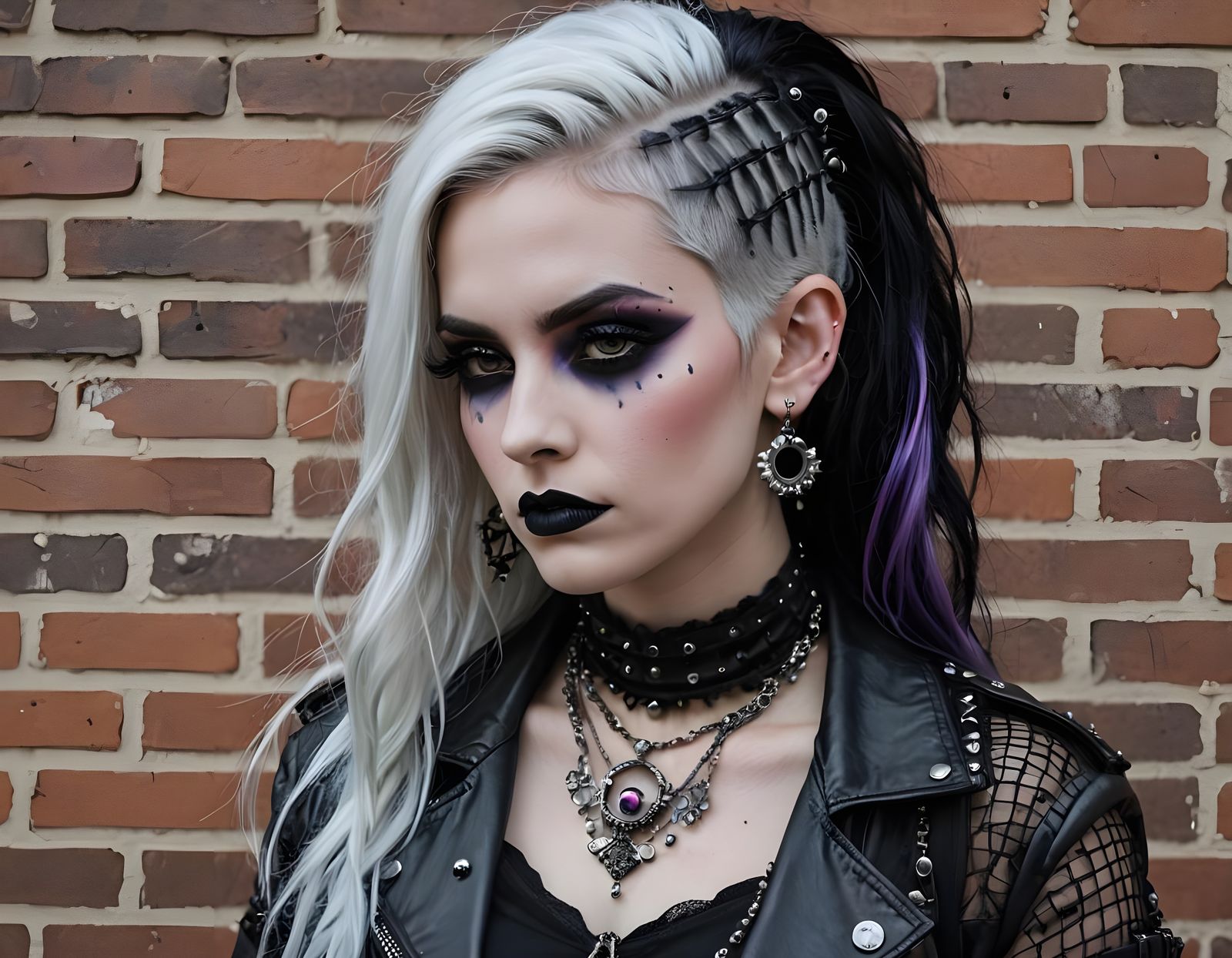 Goth Woman in Punk Style Against Brick Wall