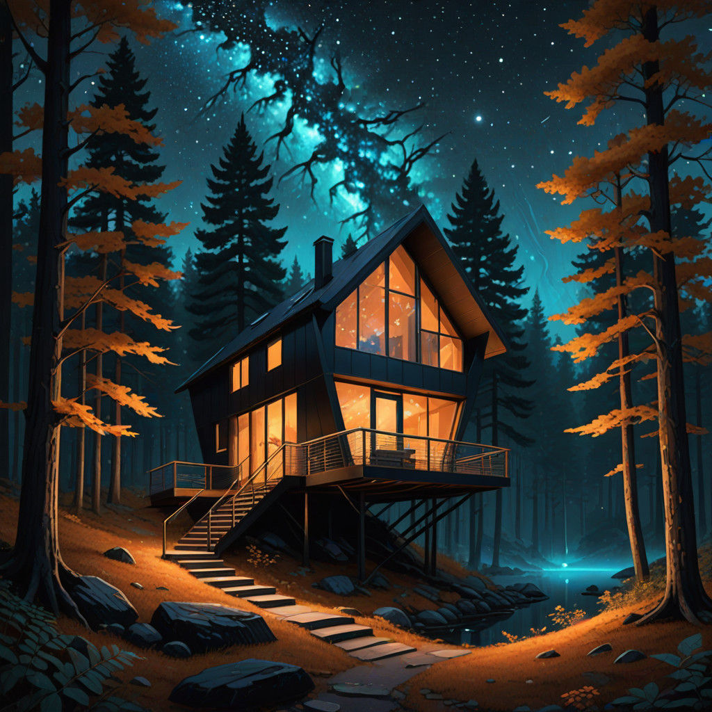 Angular Mountain Cabin Under Starry Night Sky in Postmodern...