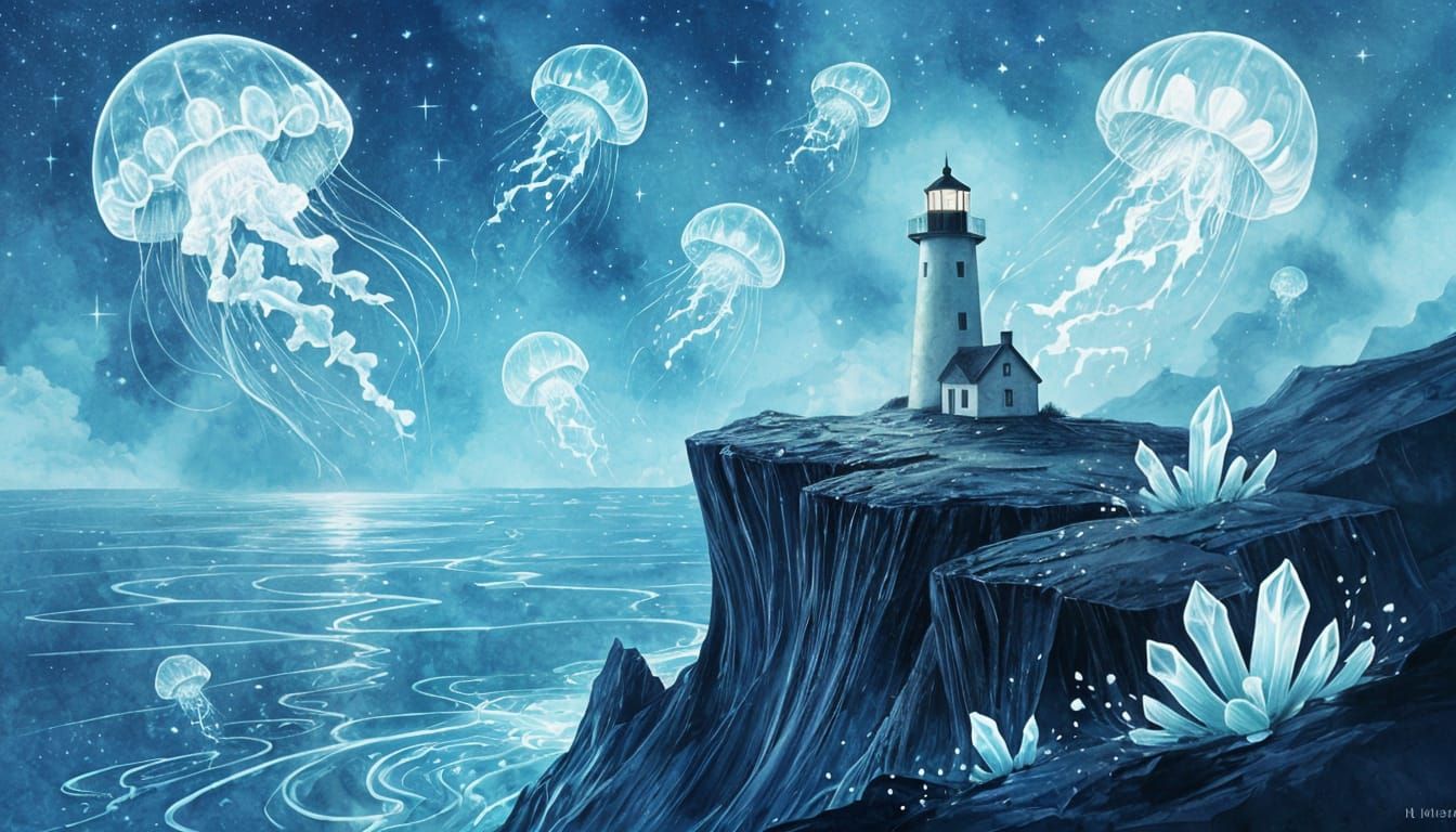 Ethereal Lighthouse on Obsidian Cliff Overlooking Moonlit Oc...