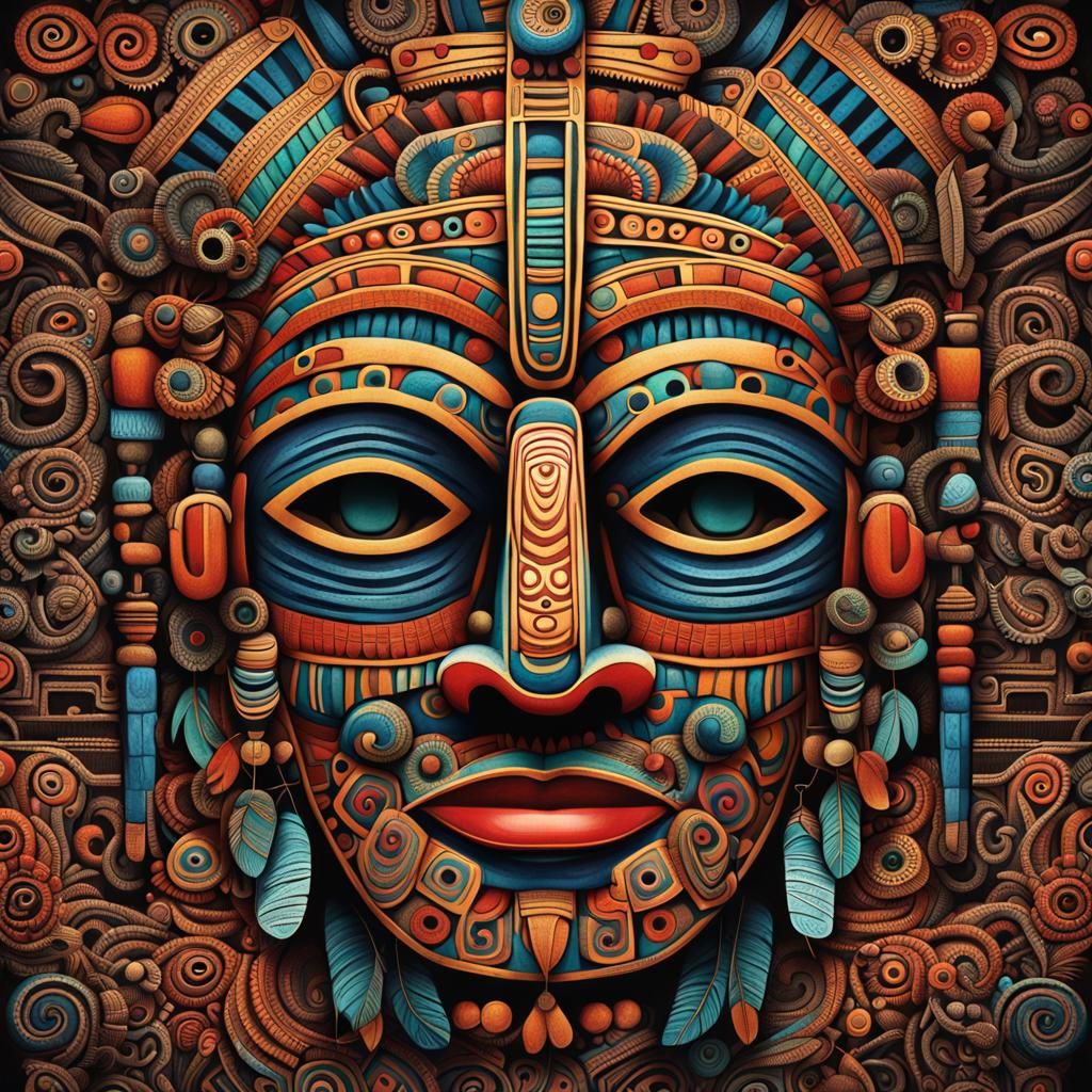 Ornate Aztec Mask in Vibrant, Golden Lighting