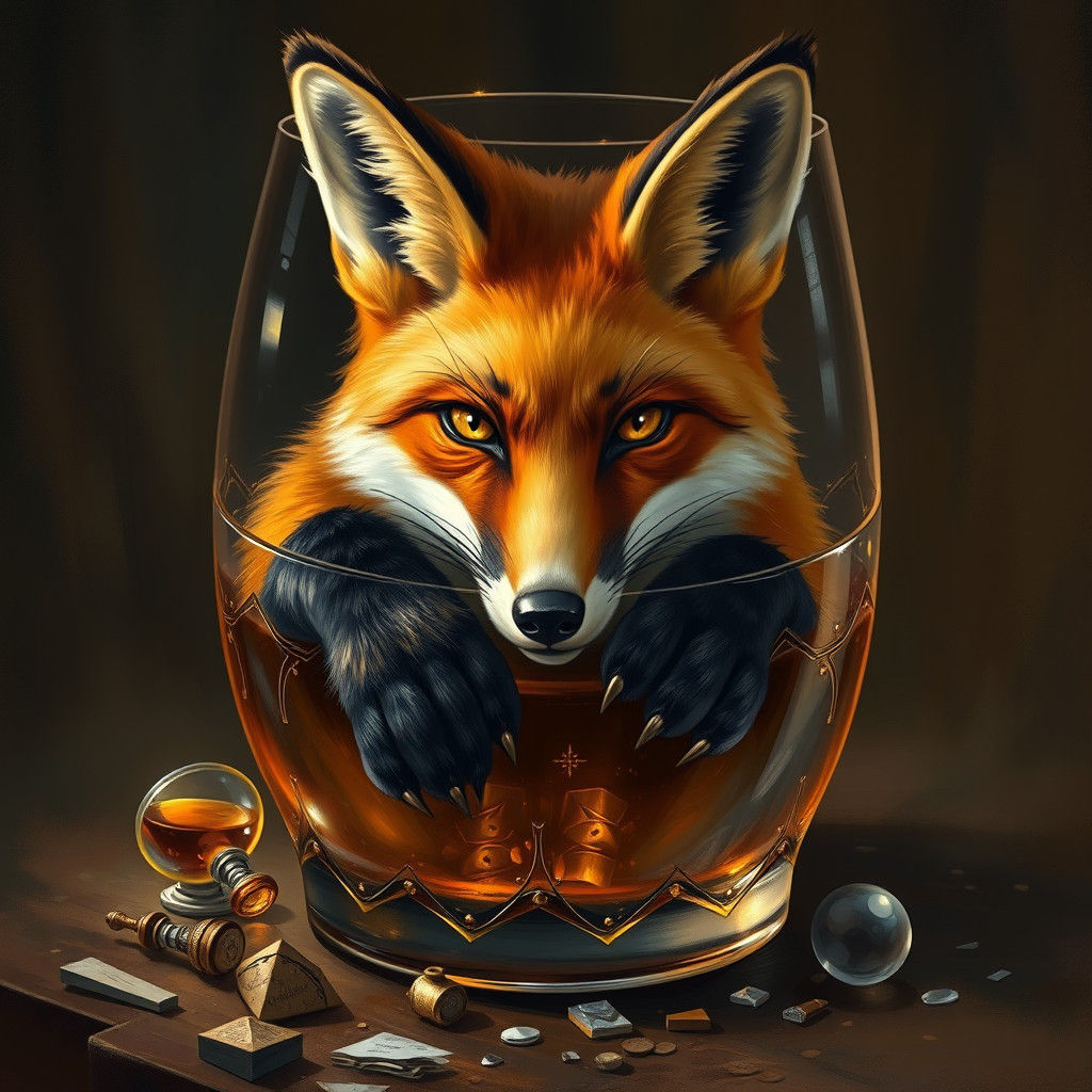 This scrawny adult fox in a whiskey glass has red-brown fur with dark brown paws and gold eyes. She is unusually large a...