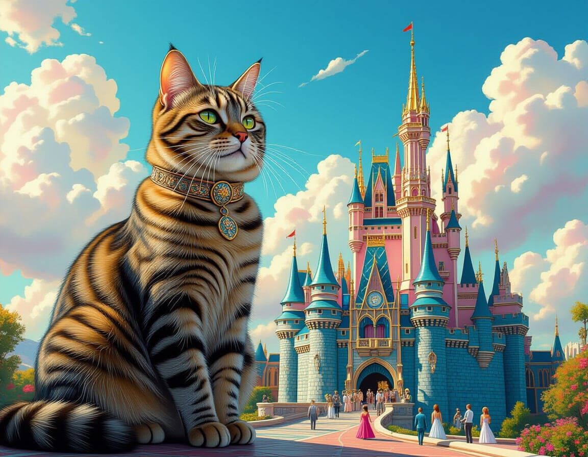 Giant Cat Guards Magenta Castle: Hyperrealistic Art