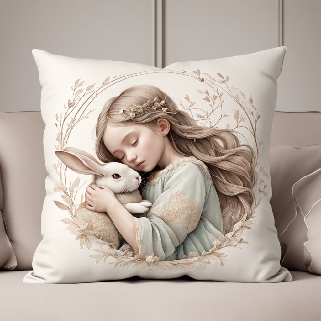 Whimsical Watercolor of a Little Girl and Her Pet Rabbit