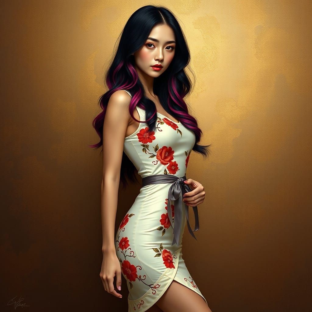 Japanese Woman in Vintage Dress with Floral Motifs