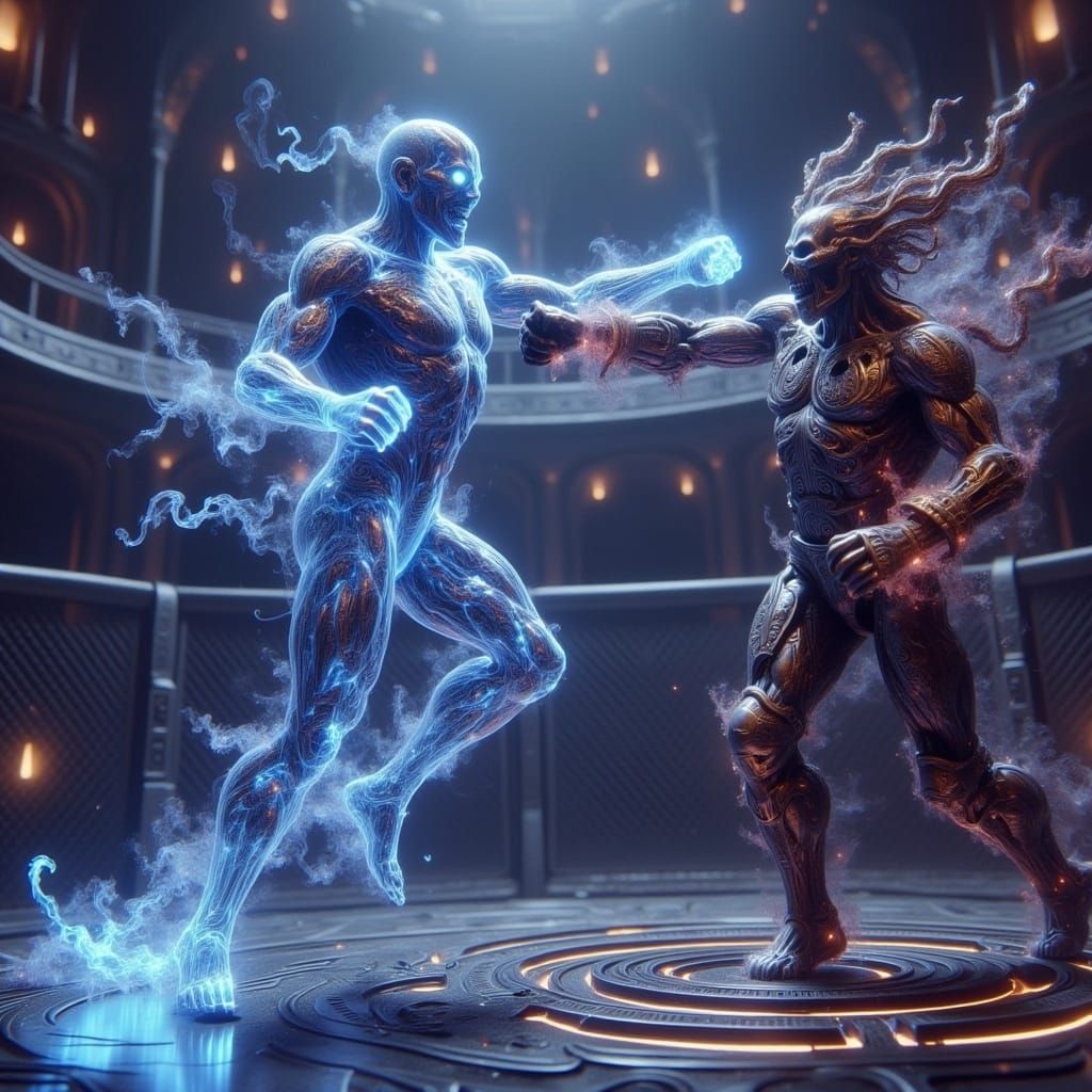 Armored Fighters Clash in Mystical Cyberpunk Arena