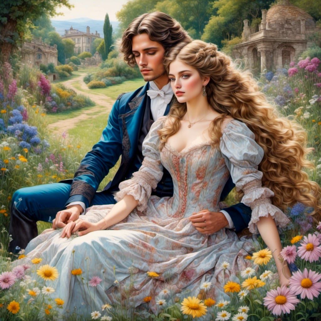 Victorian Lovers in Daisy Field Oil Painting
