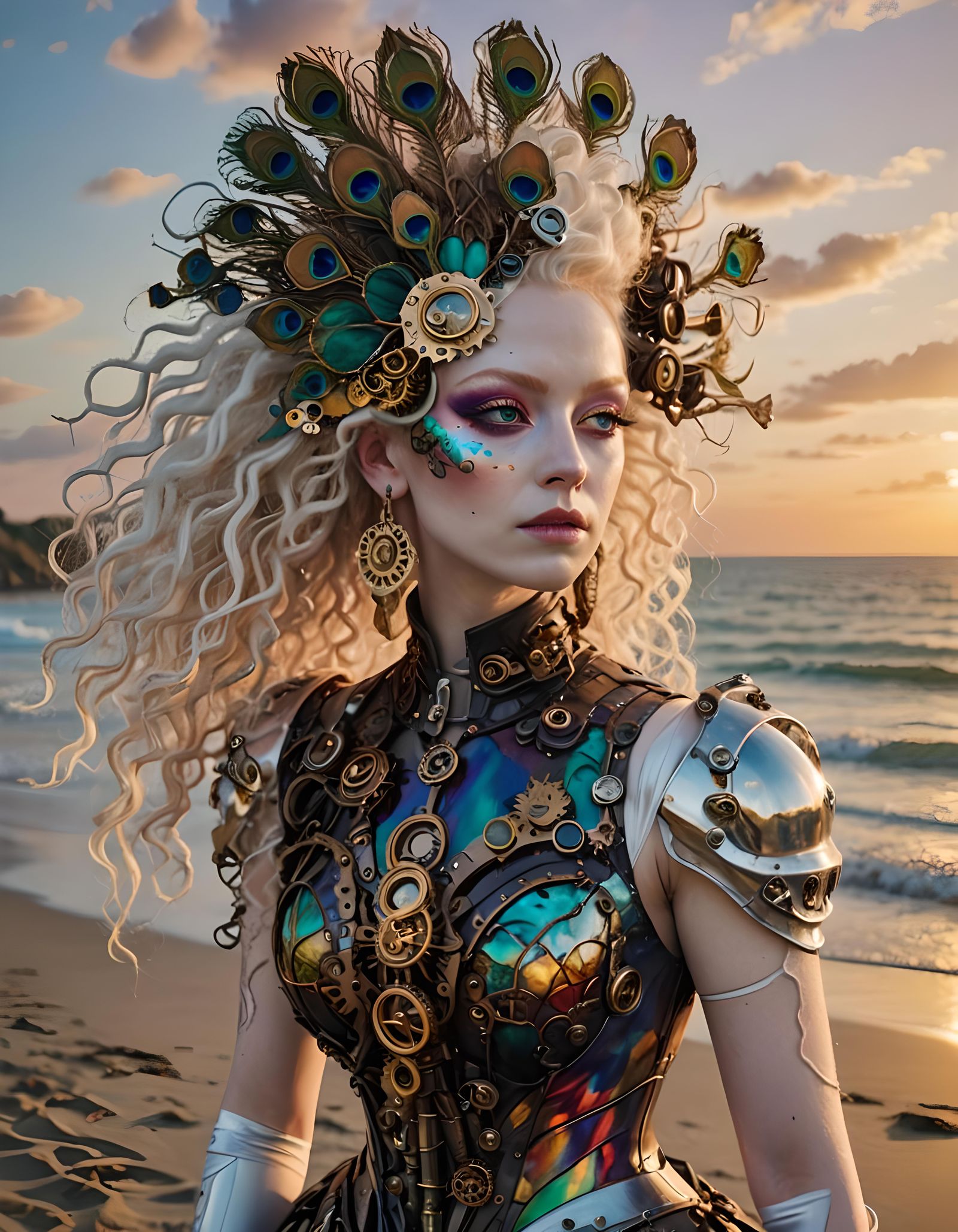 Steampunk Peacock Cyborg on Beach at Sunset