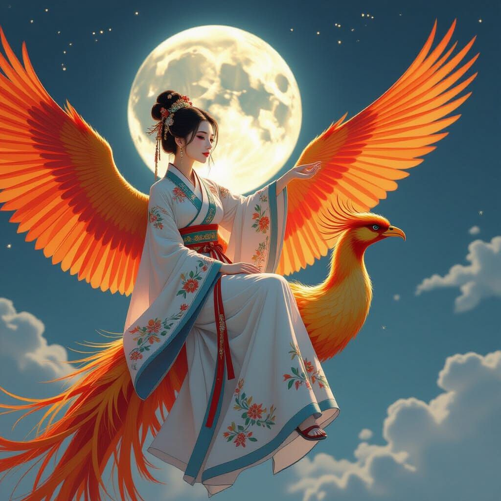 Phoenix in Flight with Woman Reaching for the Moon