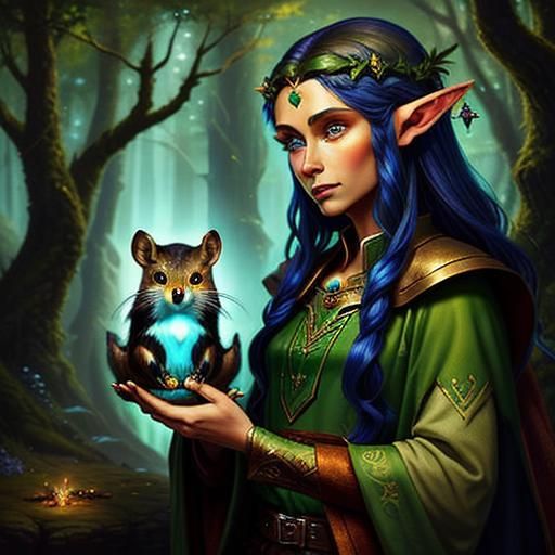 Elf Holding Pine Marten with Neon Glow