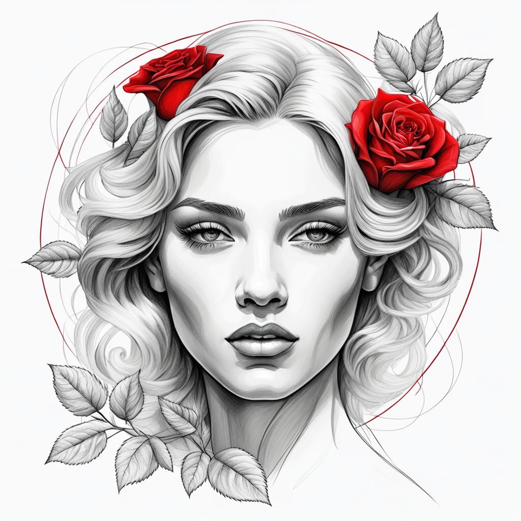 Elegant Woman with Roses: Fine Line Sketch