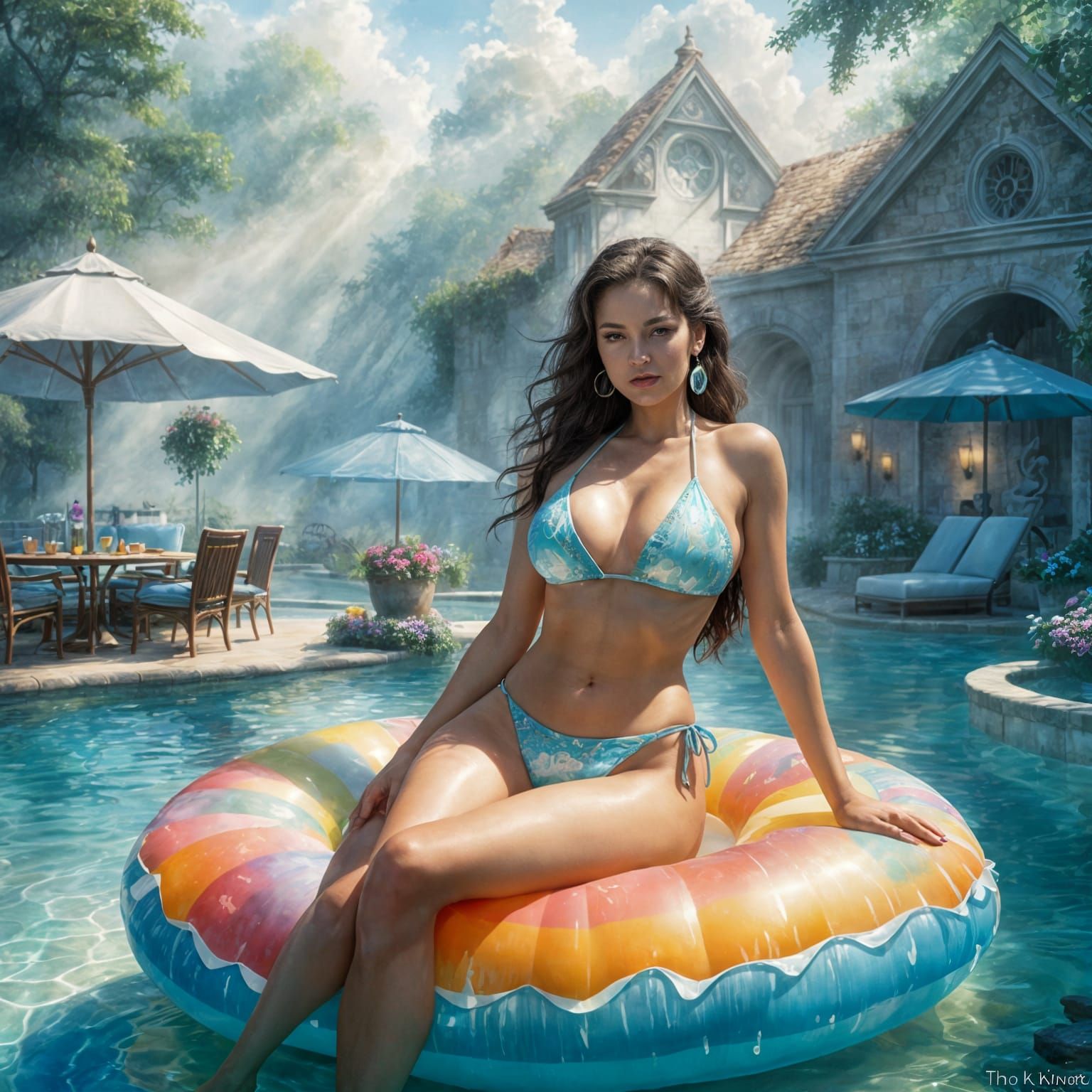 Woman Lounging in Pool: Ethereal Fantasy Art