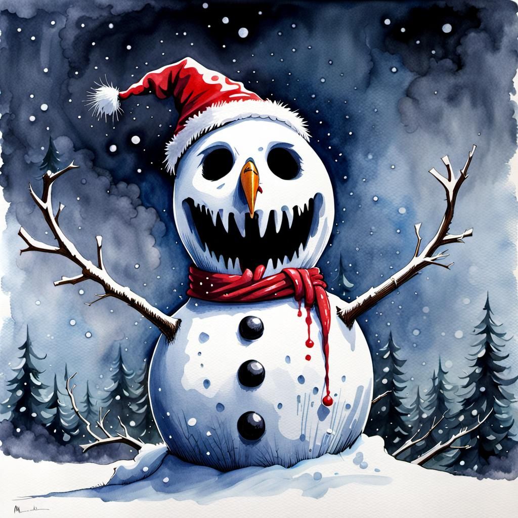 Grotesque Skull-Faced Killer Snowman in a Blizzard