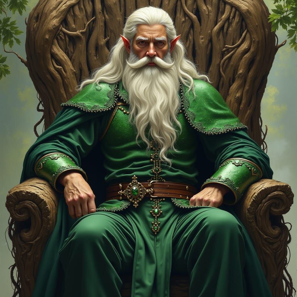 Hyper-Realistic Portrait of Regal Elf Lord on Tree Throne