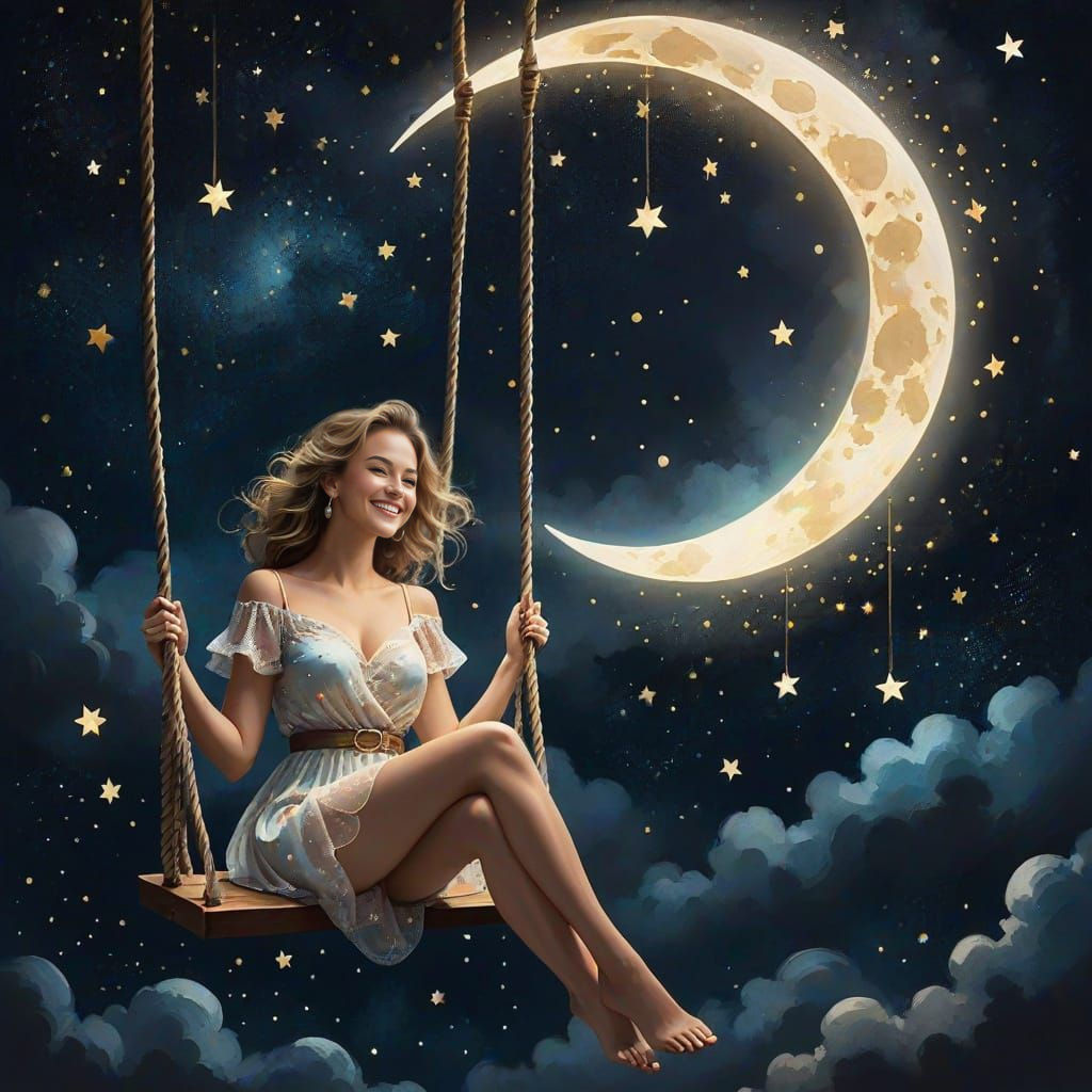 Woman on a Swing with Starry Night Sky