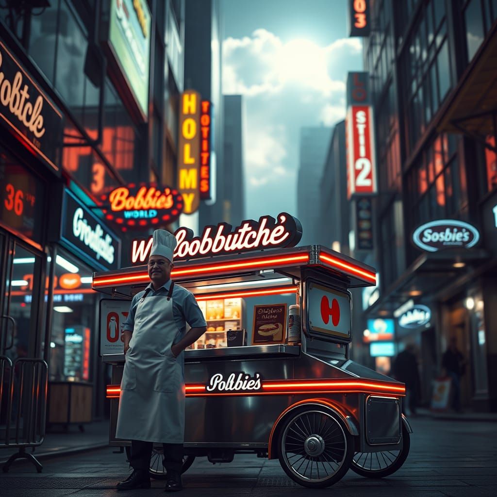 A futuristic dark city street lit only by bright neon Signag...