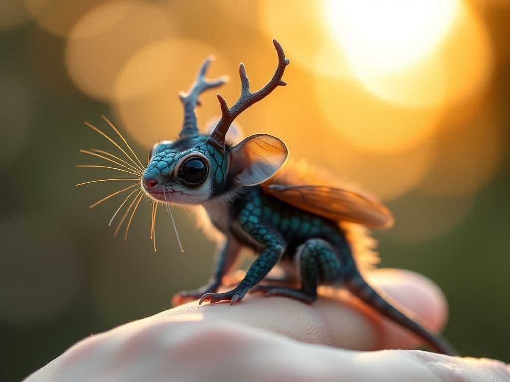 Tiny Dragon-Mice with Shiny Teal Scales in Golden Hour