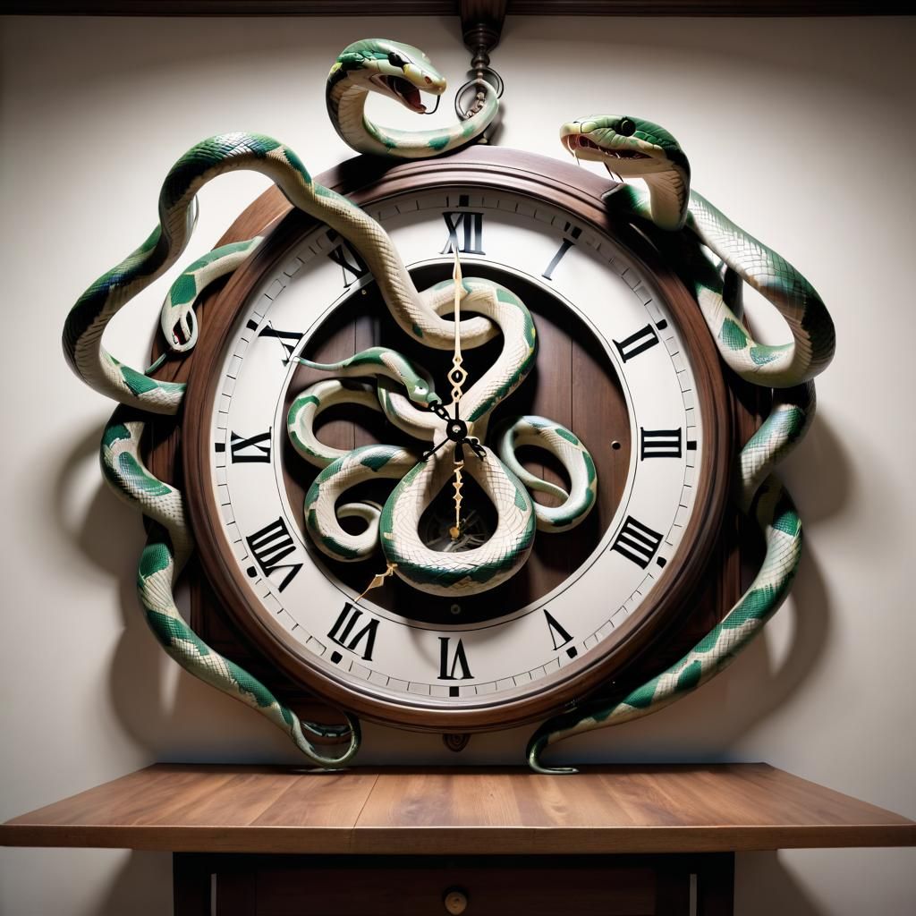 Surreal Clock Snakes Crawling onto Table