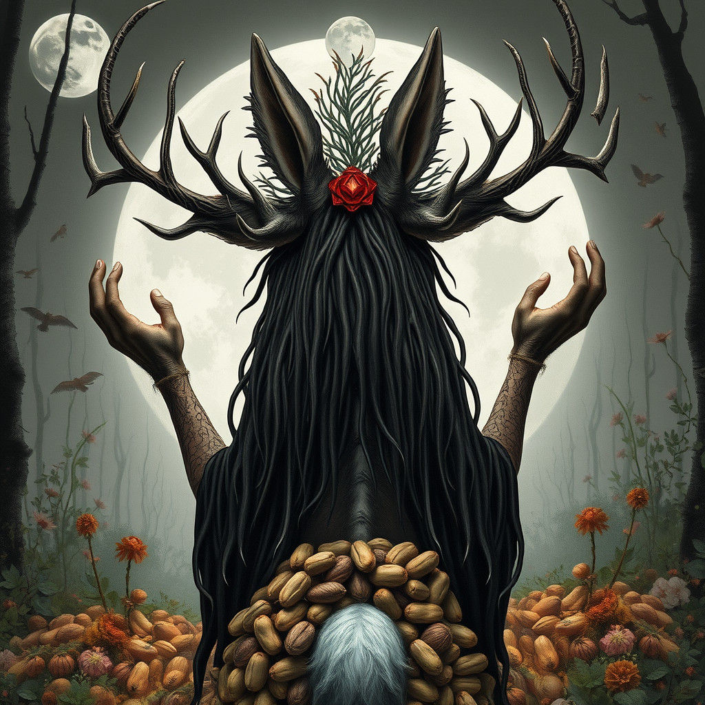 Mystical Hedge Witch with Antlers in Woodland Scene
