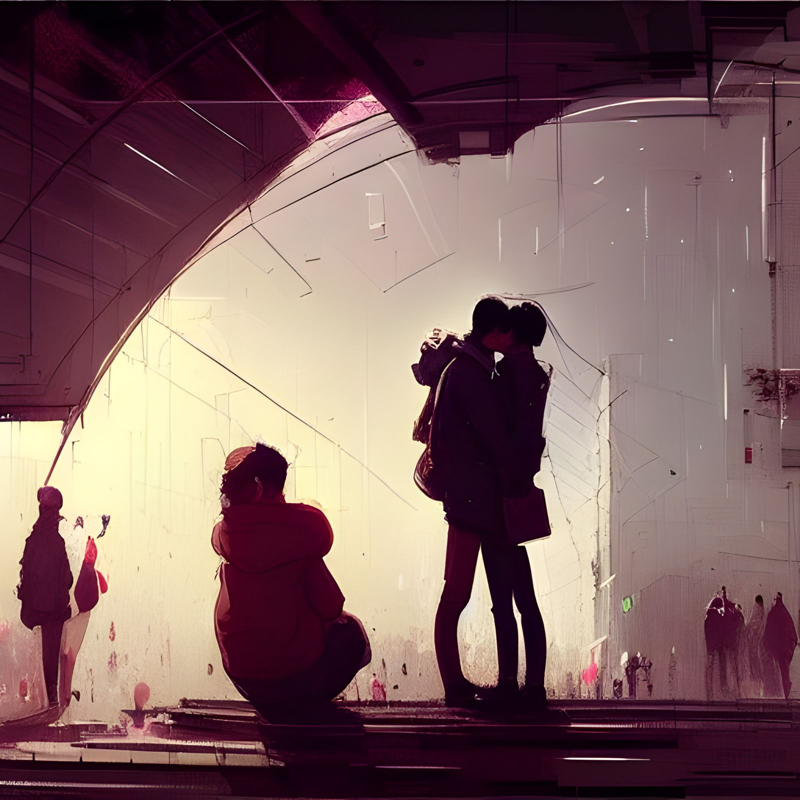 Romantic Subway Kiss in Surreal Cel-Shaded Style