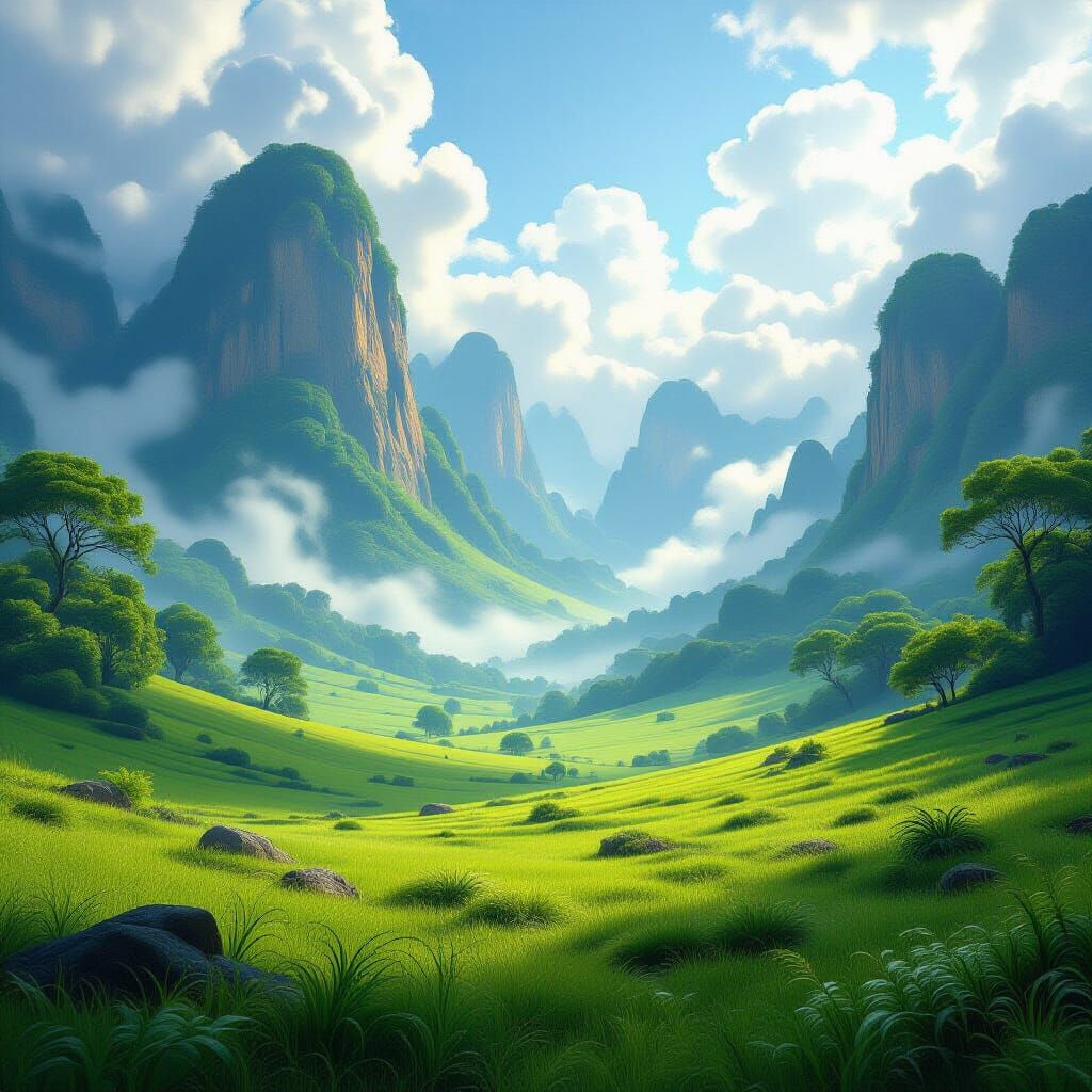 Ethereal Forest Edge Vista with Rolling Grassland