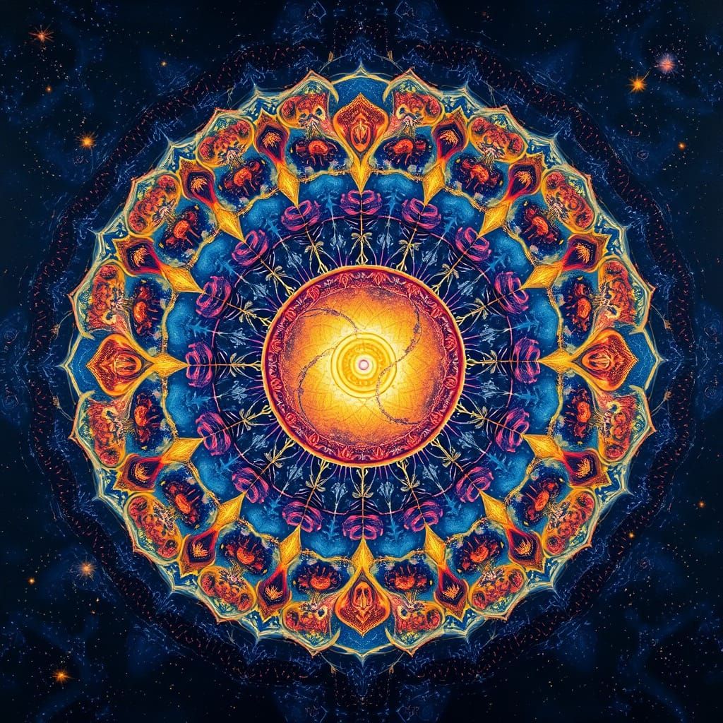 Radiant Cosmic Mandala with Swirling Galaxies