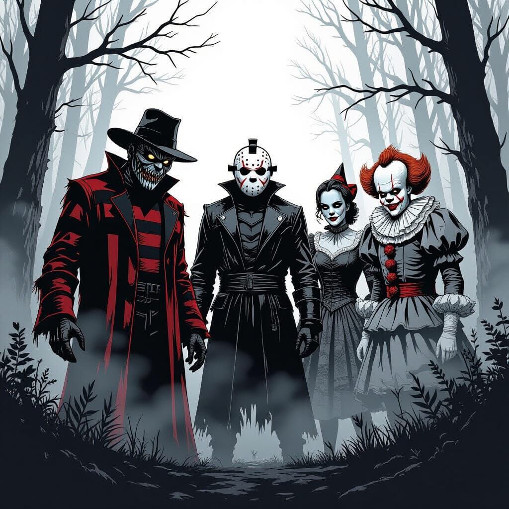 Horror Icons Gather in Foggy Forest, Line Art Style