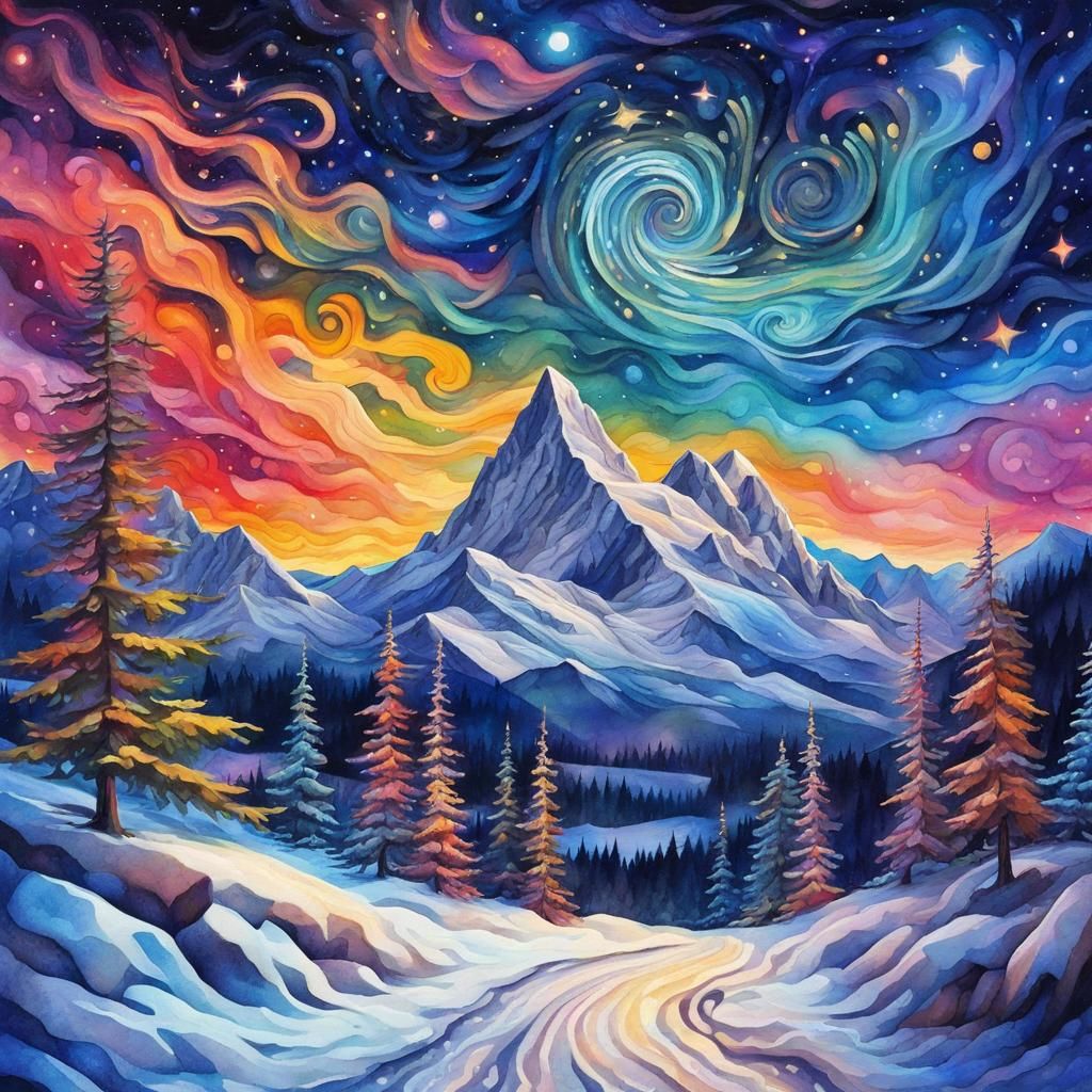 Colorful Starry Night Winter Landscape in Gouache Style