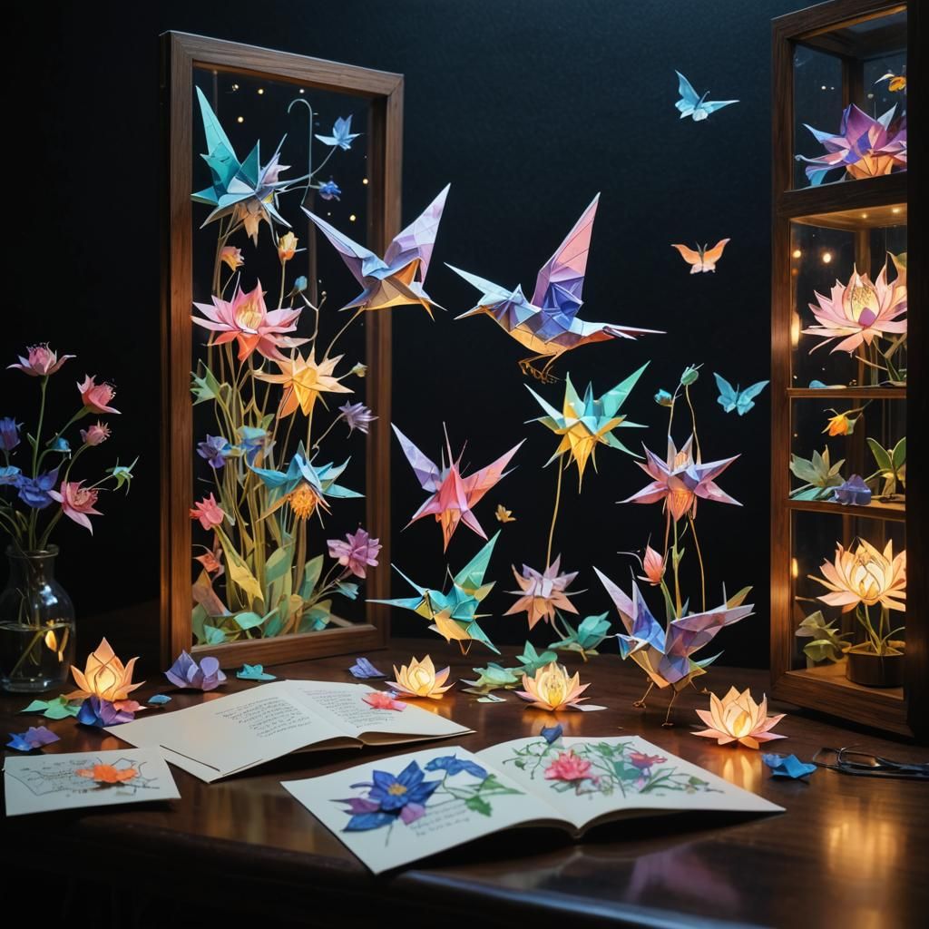 Detailed Origami Birds and Flowers in Steampunk Style