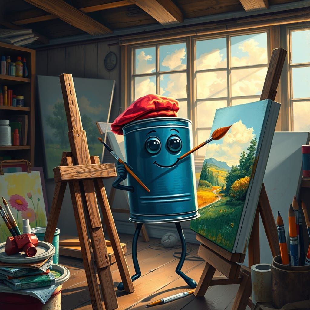 Oil Painter at Work in Sunlit Studio with Art Supplies