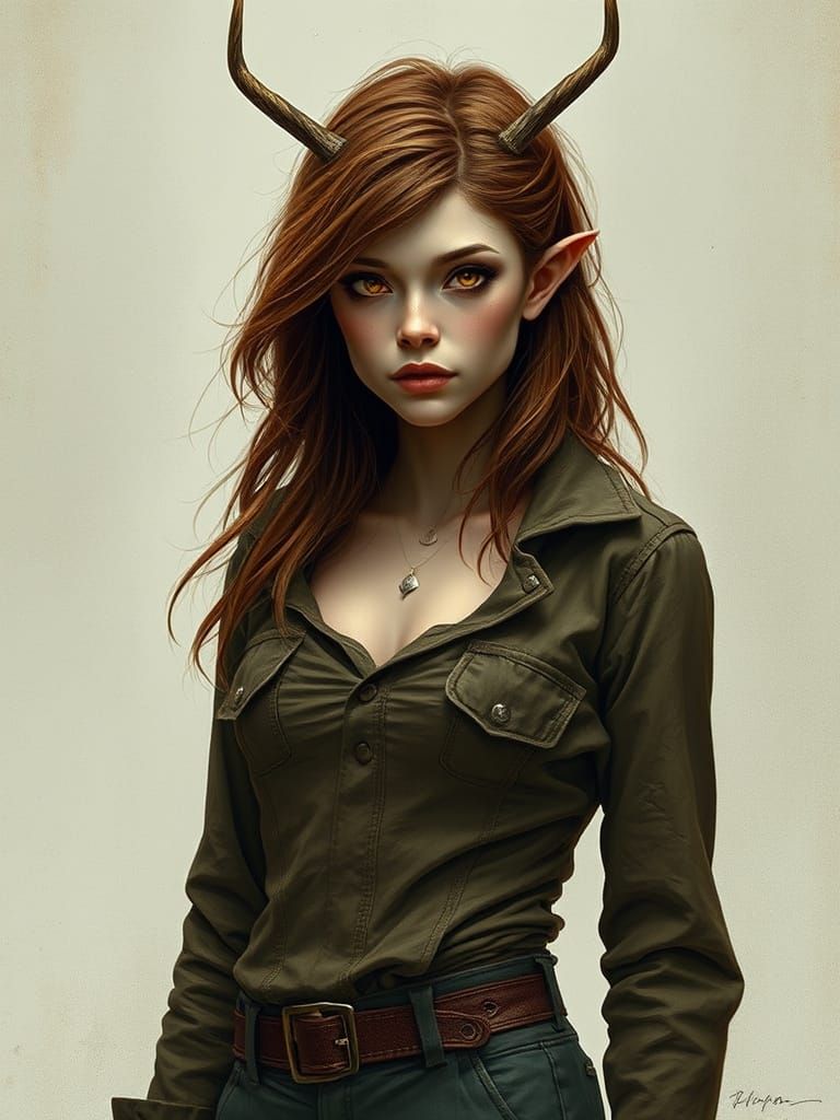 Ethereal Goddess with Antler Markings in Earthy Fantasy Styl...