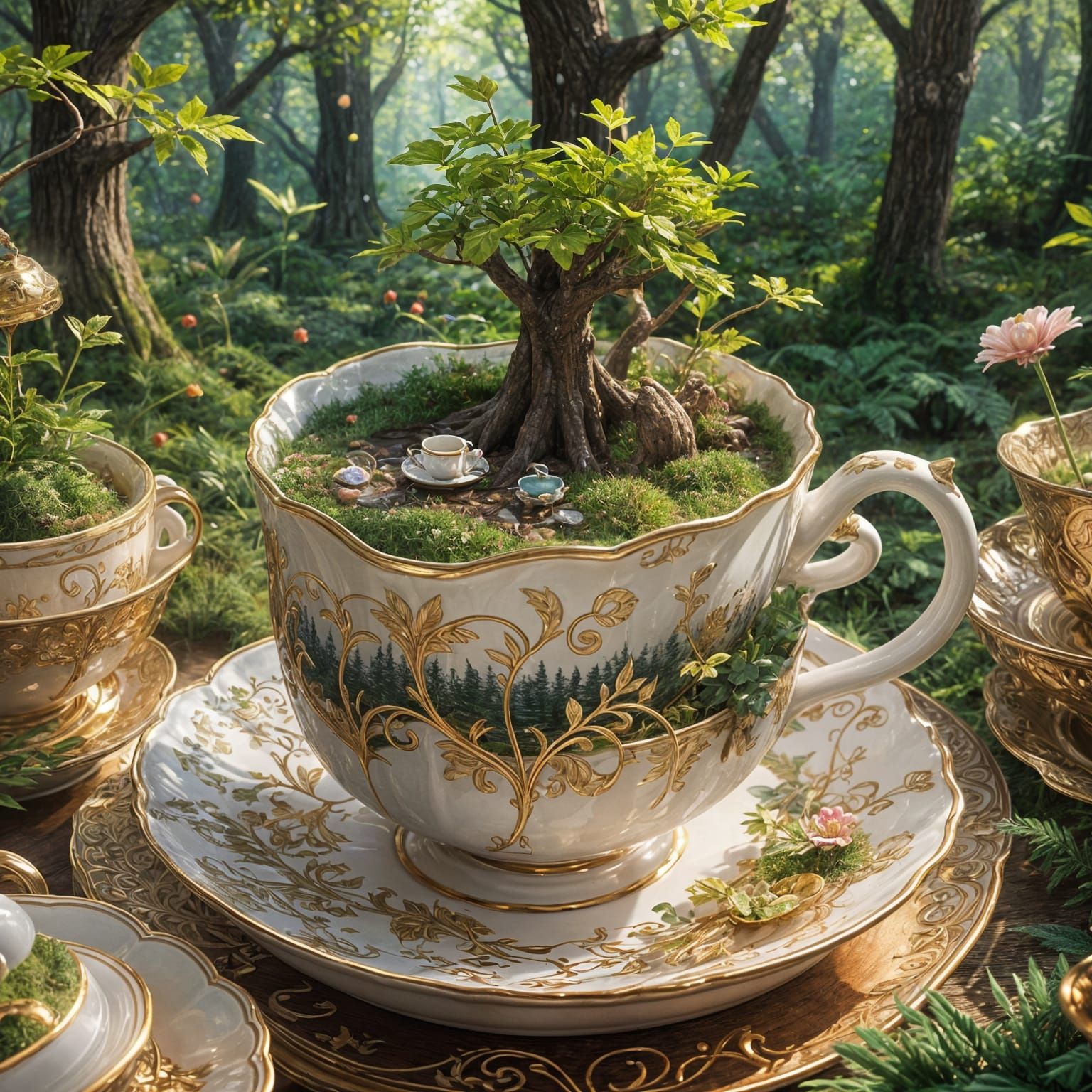 Magical Forest in Teacup: Detailed 3D Anime Art