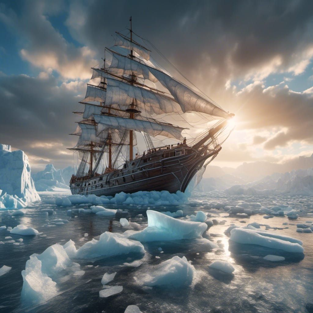 Wooden Ship Braving Antarctic Ice in Hyperreal Detail