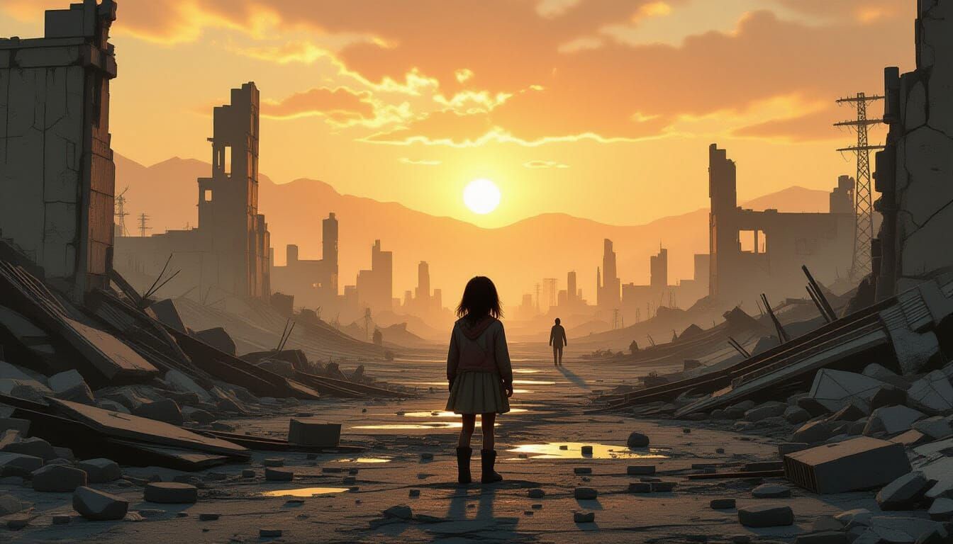 Solitary Girl in Post-Apocalyptic Ruins