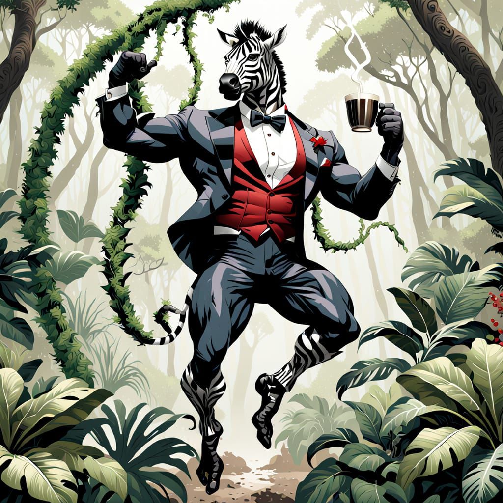 Muscled Zebra Hero Sways in Jungle Canopy