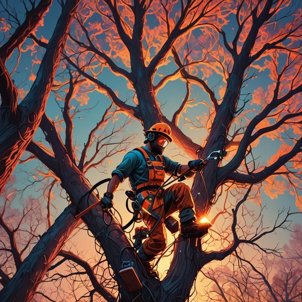 Tree Trimmer and Gigantic Glowing Tree: Fantasy Art