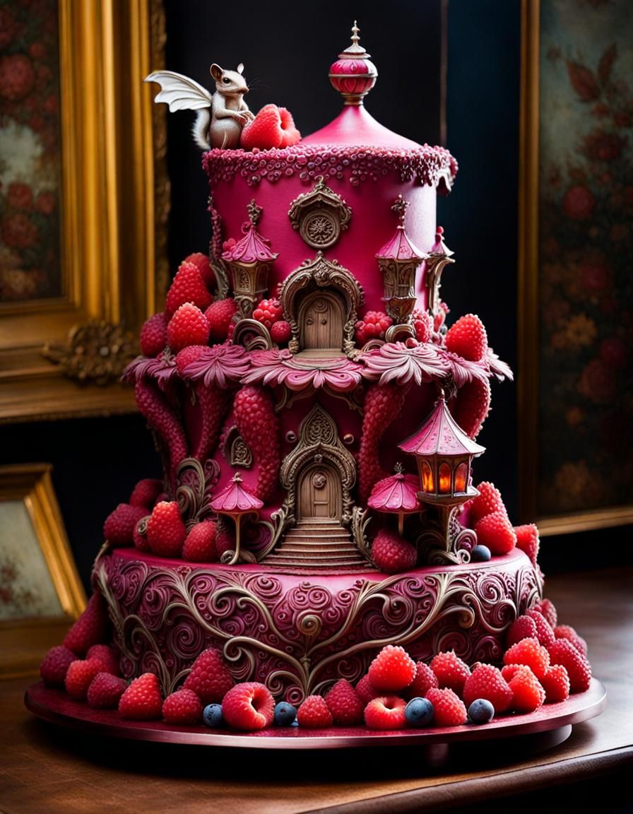 glamorous raspberry filigree WEDDING cake with winged squirrel