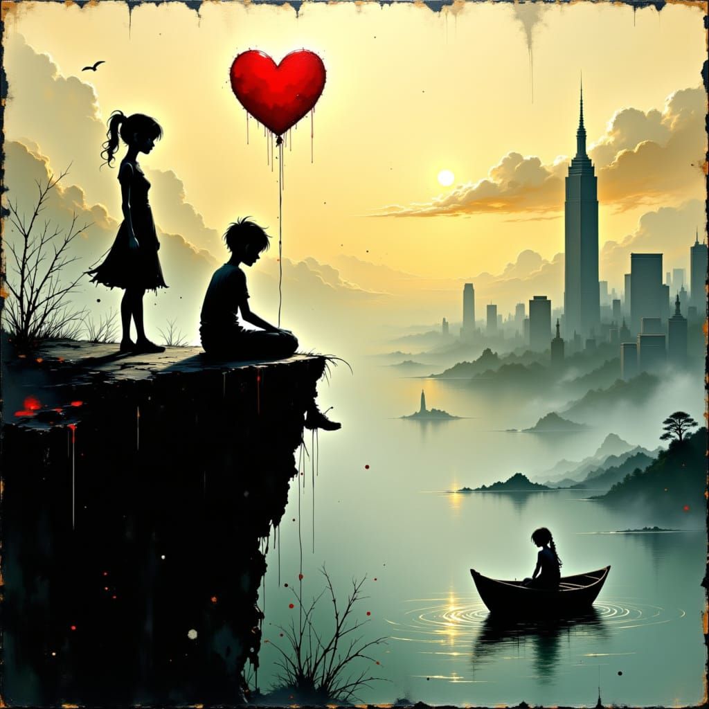 Heart Exchange at Sunset: Impasto Oil Painting