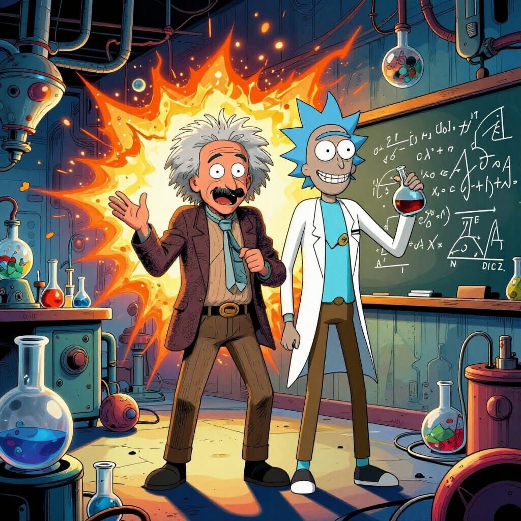 Einstein and Rick Sanchez in Chaotic Lab Comic Style