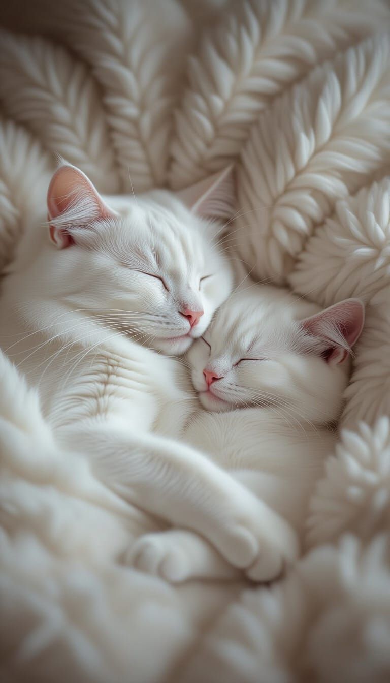 Two White Cats Sleeping in Cinematic Lighting