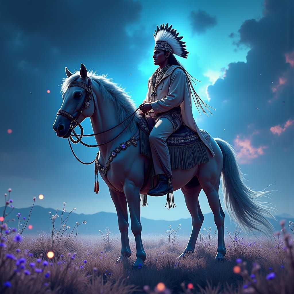 Quanah Parker Portrait with Spirit Lights in Tonalist Style