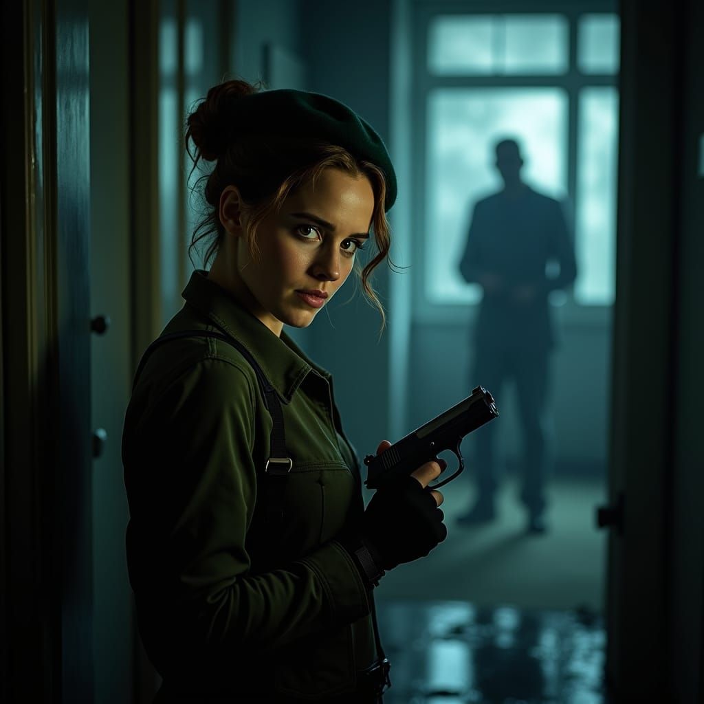 Jill Valentine Confronts Zombie in Dark Mansion