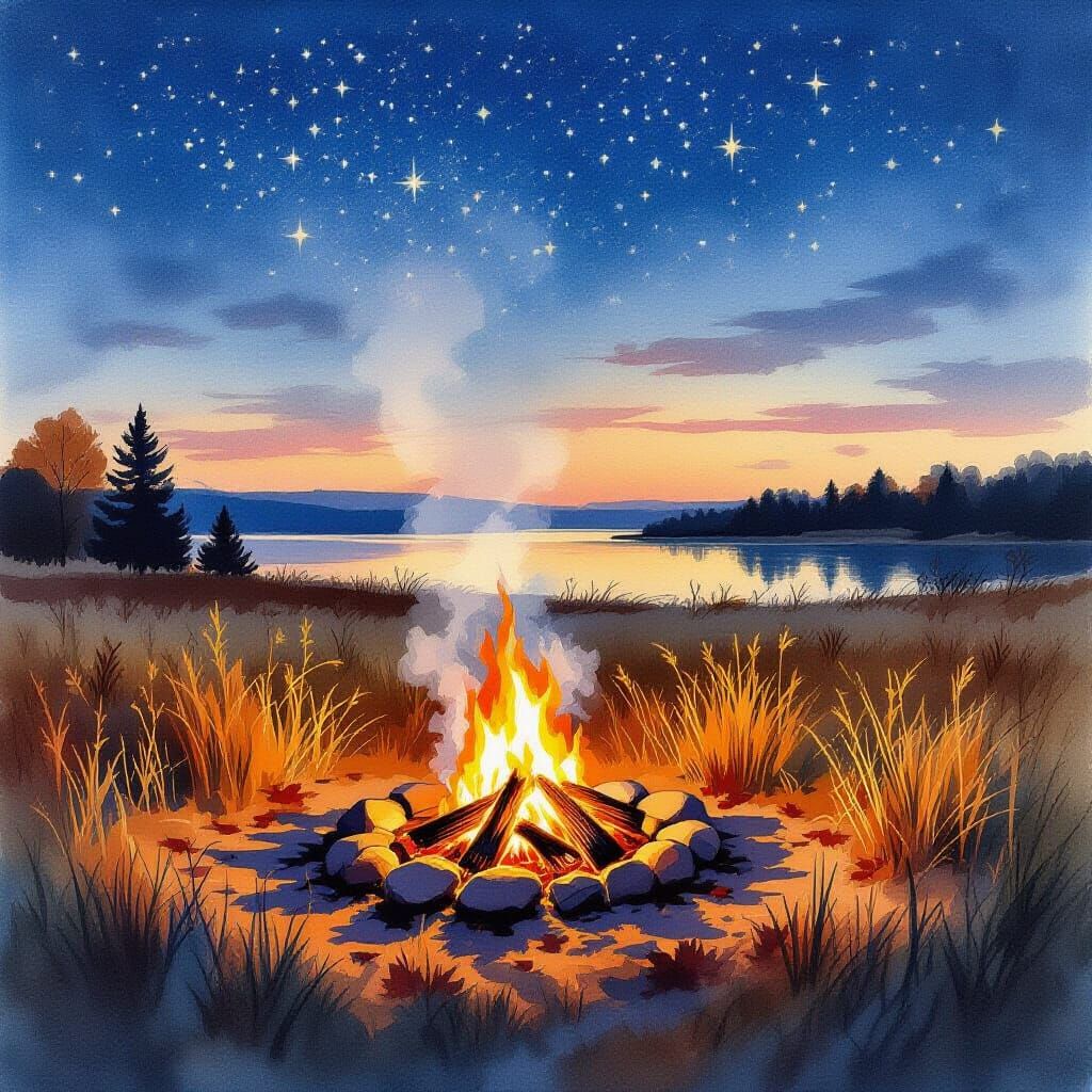 Watercolor Campfire Under Starry Autumn Twilight