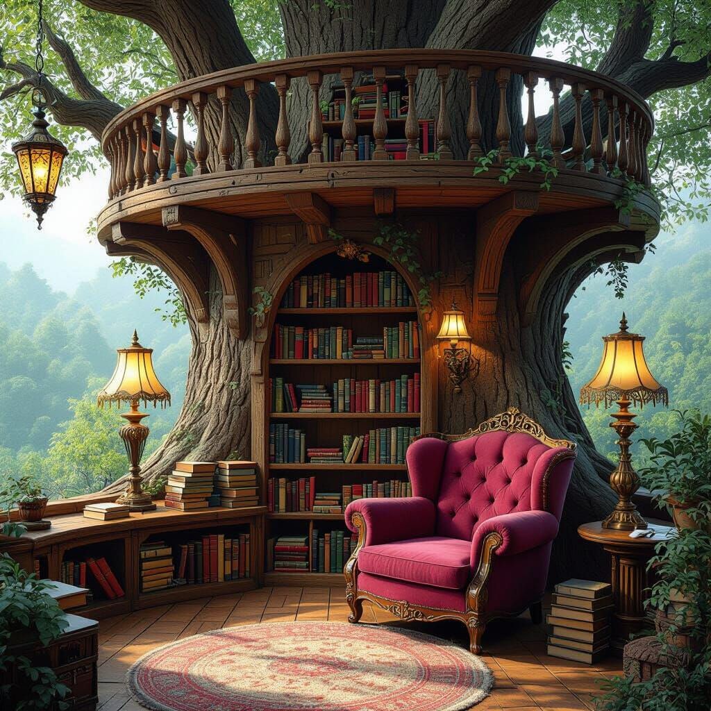 Mystical Treehouse Library in Studio Ghibli Style
