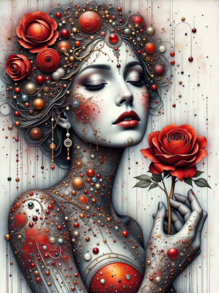 Cyborg Woman with Rose: Ink and Charcoal Sketch