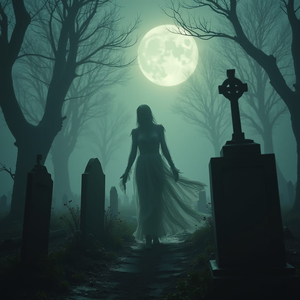 A spectral figure floats through a desolate, mist-shrouded graveyard, their ethereal form barely visible amidst the tomb...