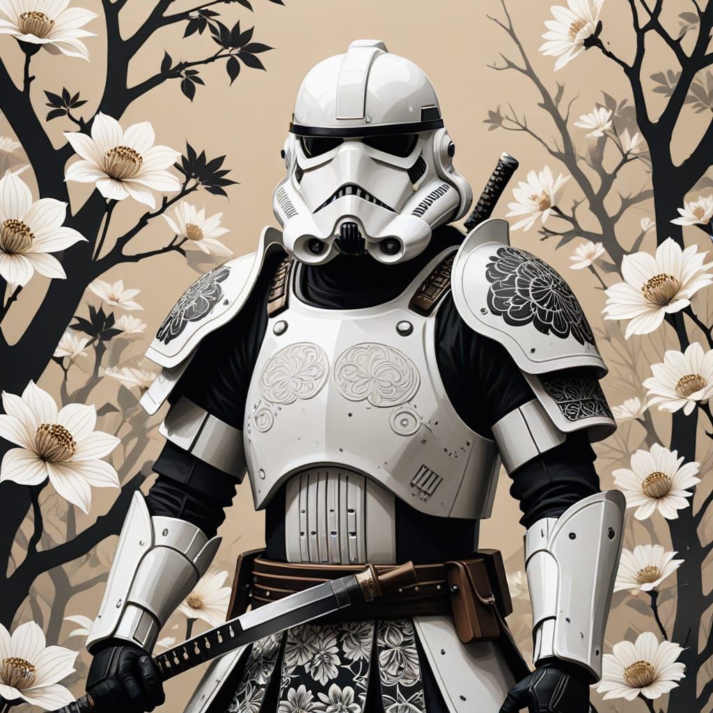 Samurai Warrior in Stormtrooper Armor, Graphic Novel Style