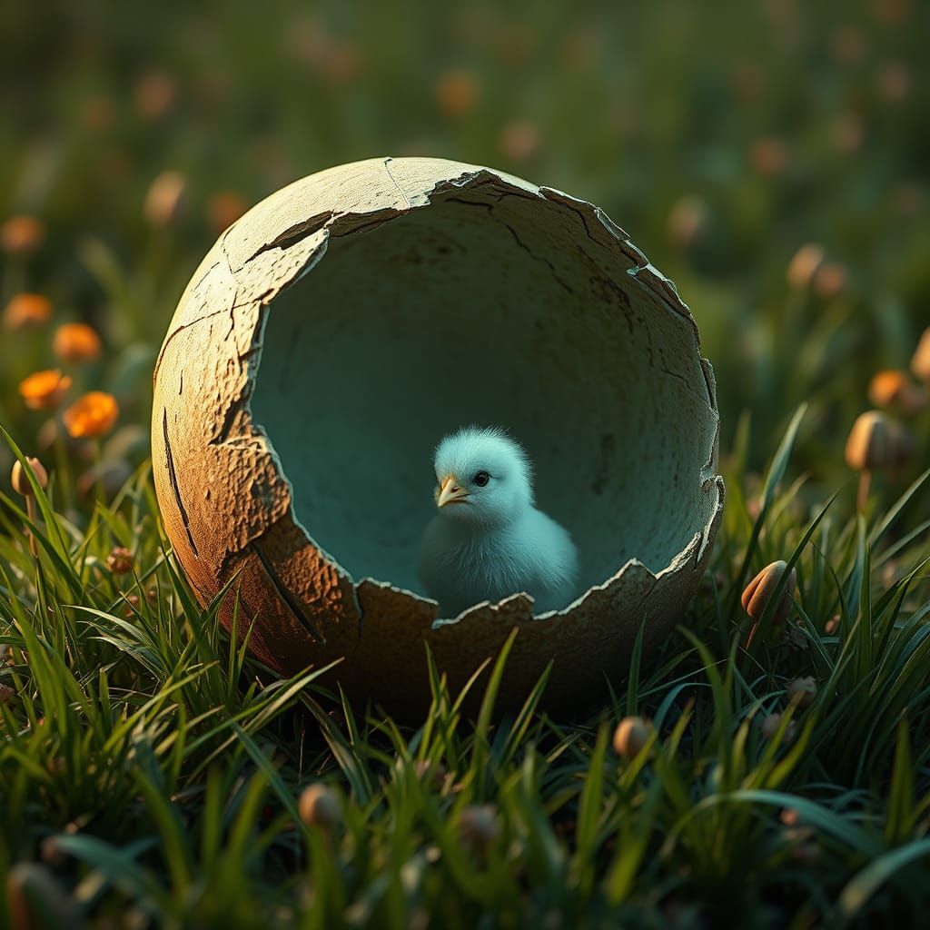 Mystical Chick Emerges from Ancient Eggshell in Vibrant Drea...