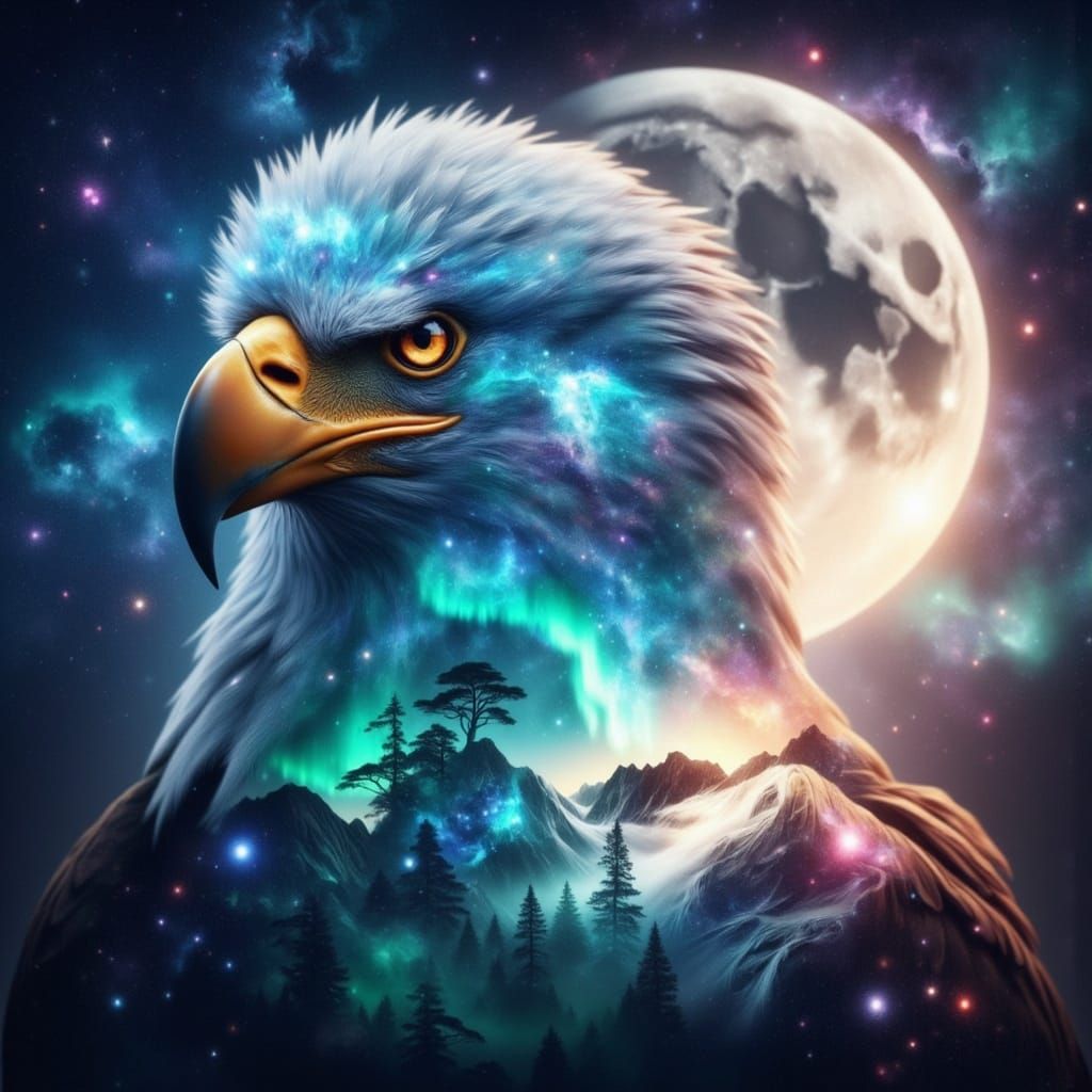 Majestic Eagle in Cosmic Landscape Double Exposure